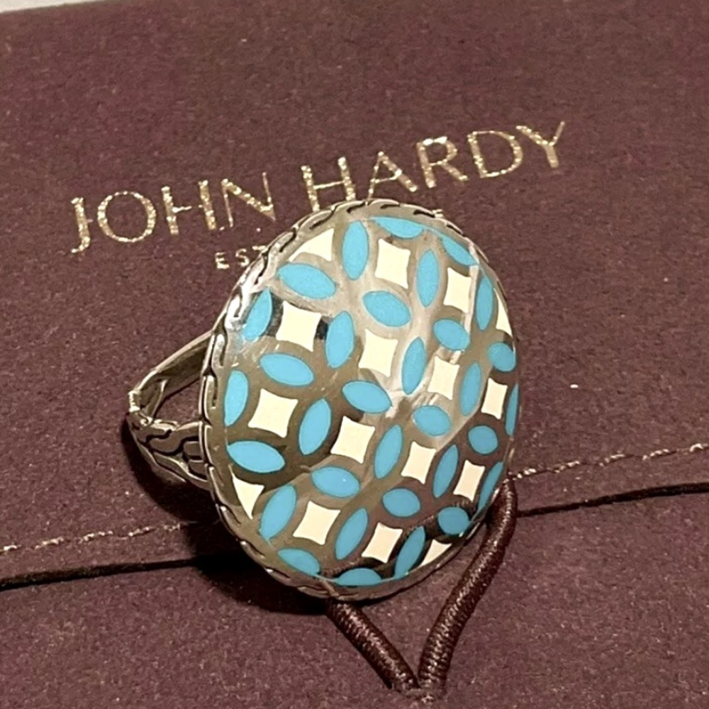 John Hardy Blue and White Enamel Floral Motif Ring